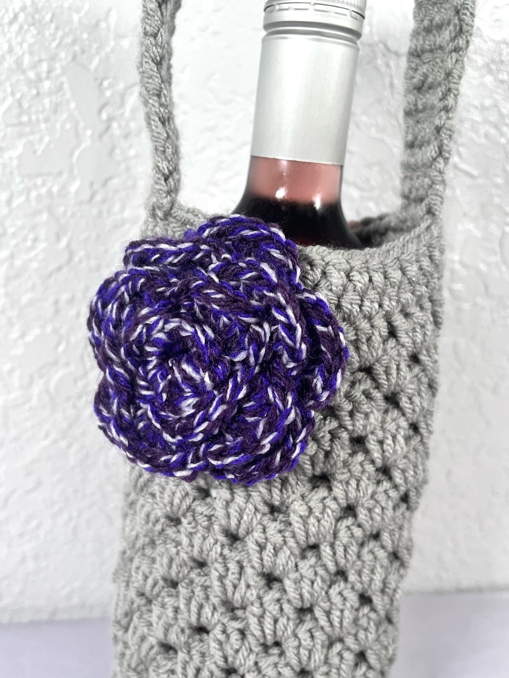 Gray Crochet Wine Bottle Carrier with Purple Flower - Picture 3 of 5